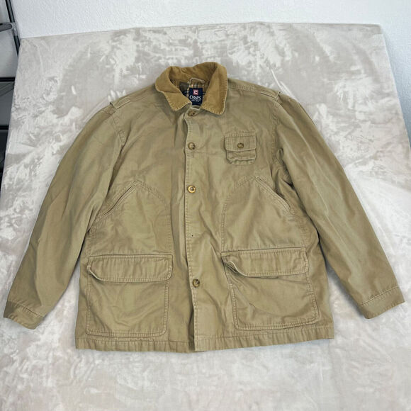 VTG Chaps Jacket Mens XL Tan Chore Coat Barn Cord Outdoors Flannel Lined READ - Picture 1 of 13